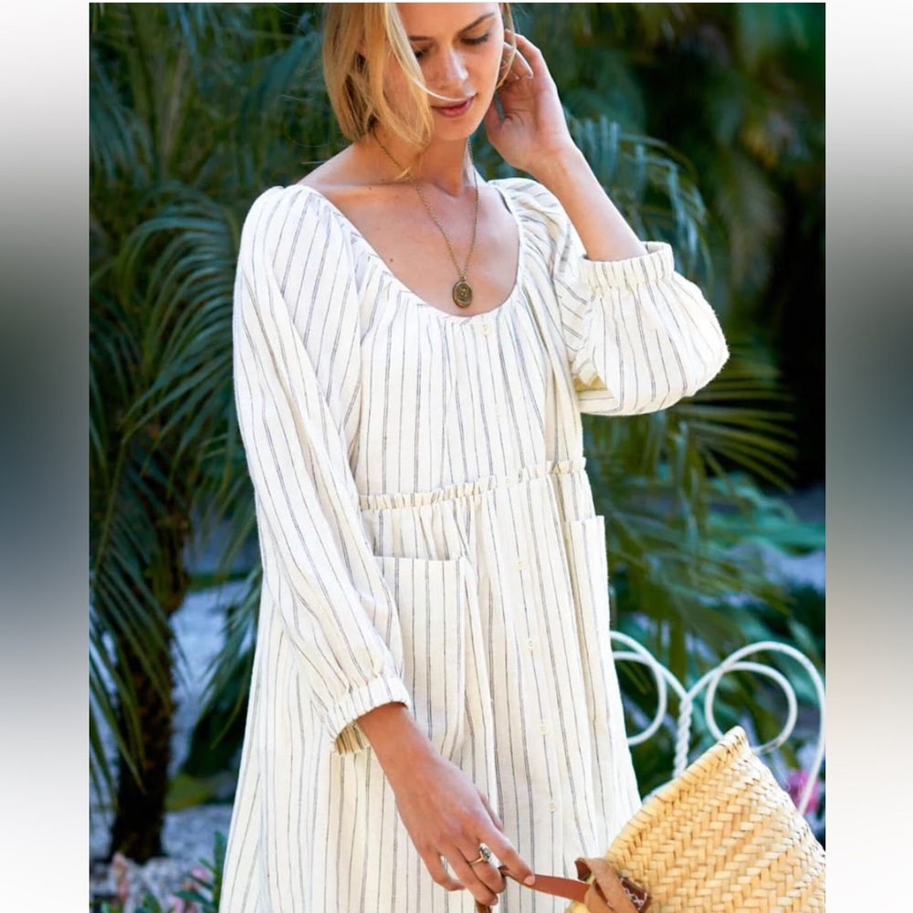 Emerson Fry Jasmine Button Dress. Ivory hemp stripe organic. Size Large.